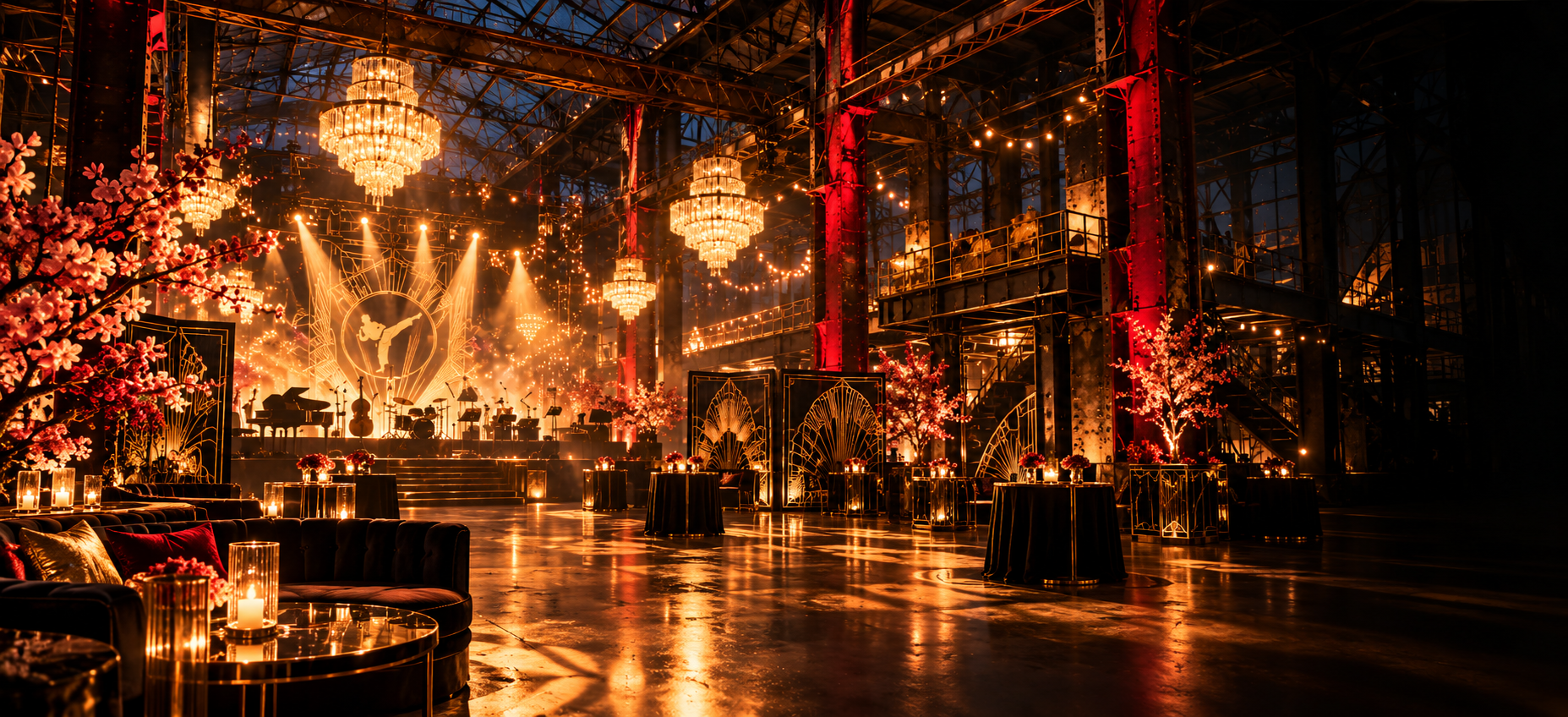 Stylizovaná atmosféra industriální haly připravené na klubový večer